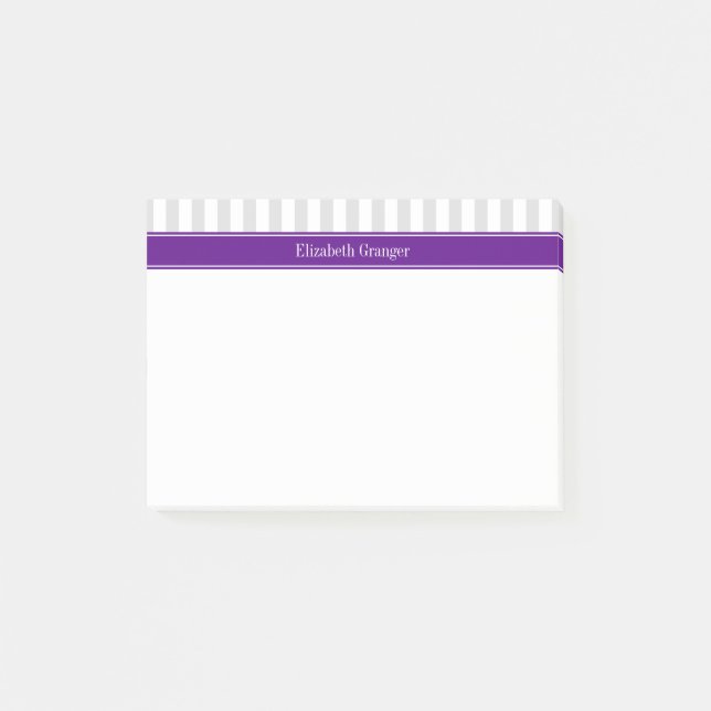 Lt Grey White Stripe Purple Name Monogram Post-it Notes (Front)