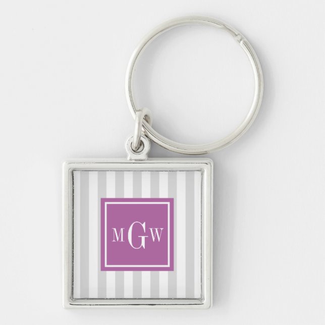 Lt Grey White Stripe Rad Orchid Square 3 Monogram Key Ring (Front)