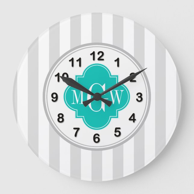 Lt Grey White Stripe Teal Quatrefoil 3 Monogram Large Clock (Front)