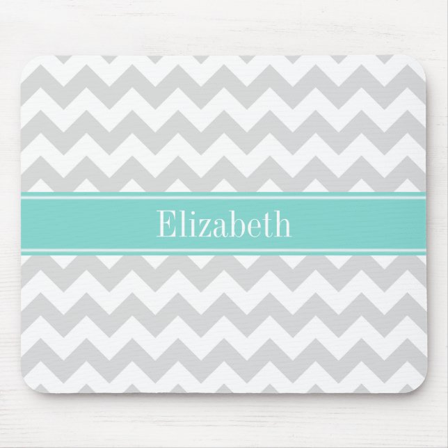 Lt Grey Wht Chevron Aqua Turquoise Name Monogram Mouse Pad (Front)