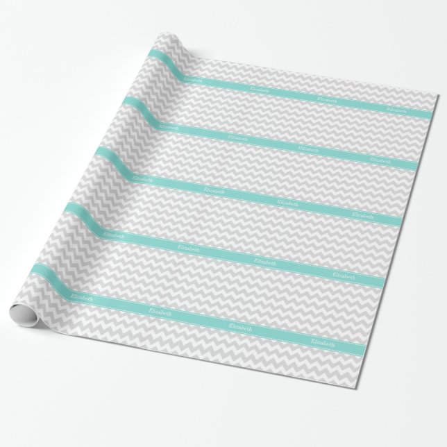 Lt Grey Wht Chevron Aqua Turquoise Name Monogram Wrapping Paper (Unrolled)