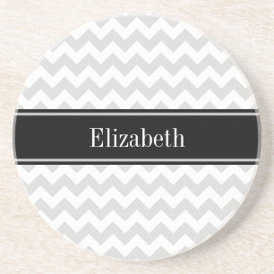 Lt Grey Wht Chevron Black Name Monogram Coaster