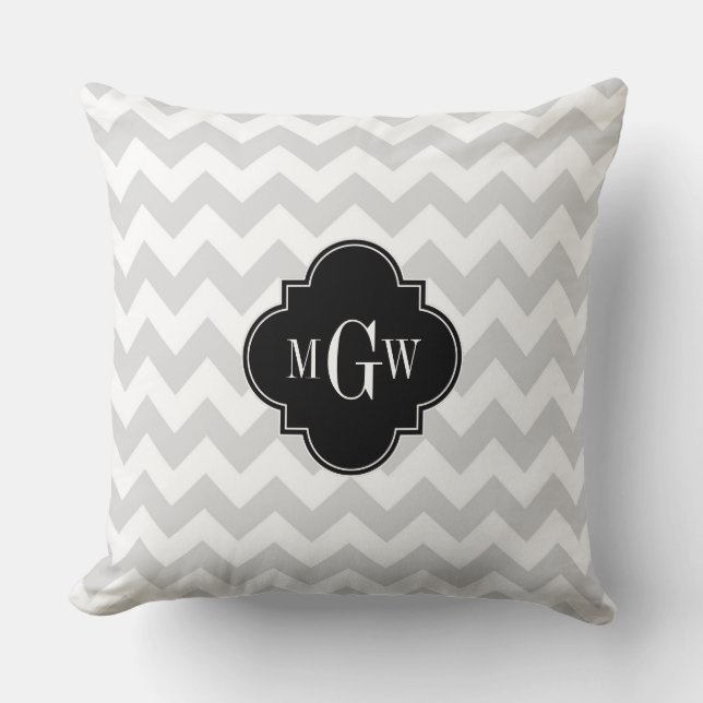Lt Grey Wht Chevron Black Quatrefoil 3 Monogram Cushion (Front)