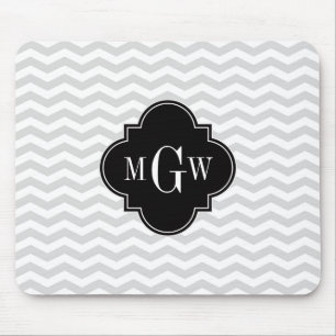 Lt Grey Wht Chevron Black Quatrefoil 3 Monogram Tn Mouse Pad