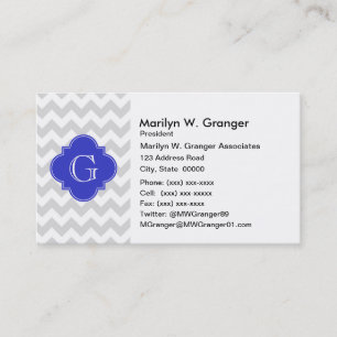 Lt Grey Wht Chevron Cobalt Quatrefoil Monogram Business Card