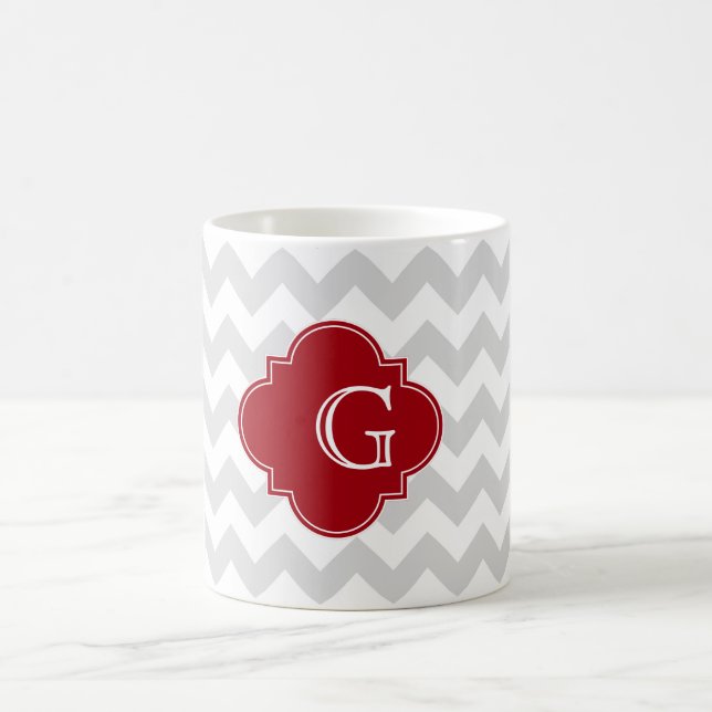 Lt Grey Wht Chevron Cranberry Quatrefoil Monogram Coffee Mug (Center)
