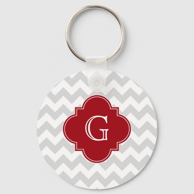Lt Grey Wht Chevron Cranberry Quatrefoil Monogram Key Ring (Front)