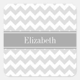 Lt Grey Wht Chevron Grey Name Monogram Square Sticker