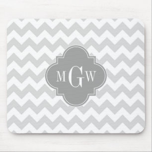 Lt Grey Wht Chevron Grey Quatrefoil 3 Monogram Mouse Pad