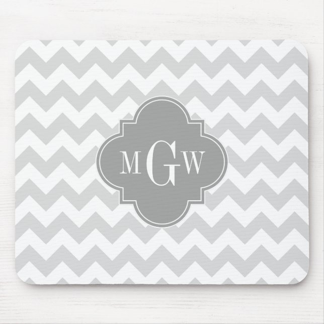 Lt Grey Wht Chevron Grey Quatrefoil 3 Monogram Mouse Pad (Front)