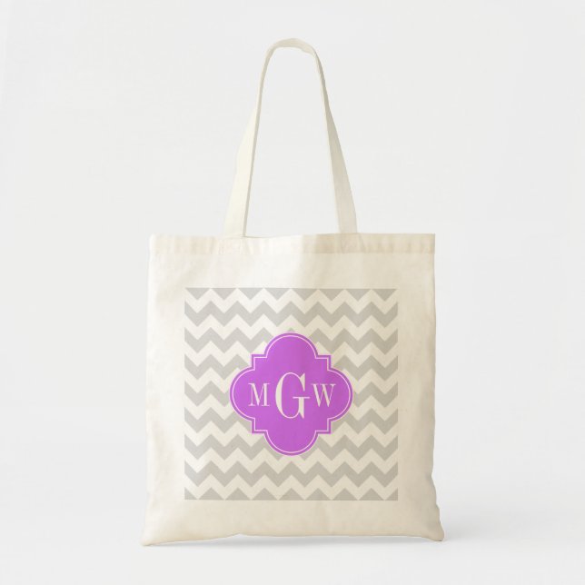 Lt Grey Wht Chevron Lilac Quatrefoil 3 Monogram Tote Bag (Front)
