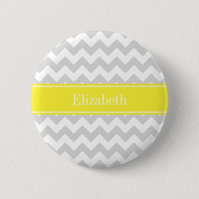Lt Grey Wht Chevron Yellow Name Monogram 6 Cm Round Badge (Front)