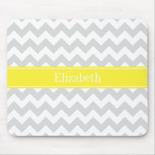 Lt Grey Wht Chevron Yellow Name Monogram Mouse Pad