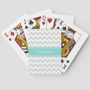 Lt Grey Wht Chevron ZigZag Aqua Name Monogram Playing Cards