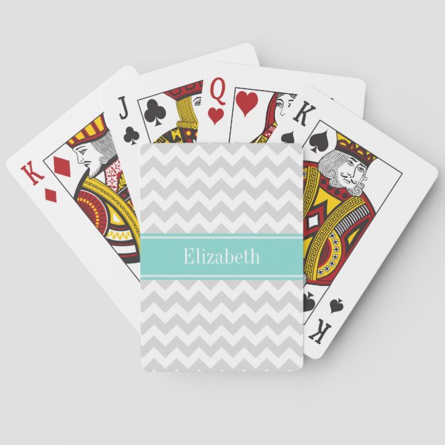 Lt Grey Wht Chevron ZigZag Aqua Name Monogram Playing Cards (Back)
