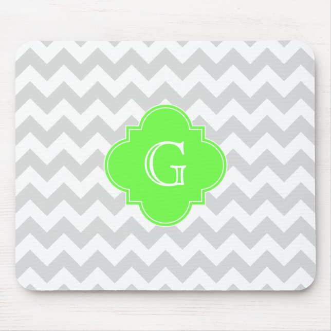 Lt Grey Wht Chevron ZigZag Lime Quatrefoil Monogra Mouse Pad (Front)