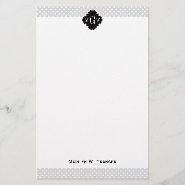 Lt Grey Wht Polka Dots Black Quatrefoil 3 Monogram Stationery (Front)