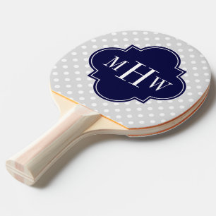 Lt Grey Wht Polka Dots Navy Quatrefoil 3 Monogram Ping Pong Paddle