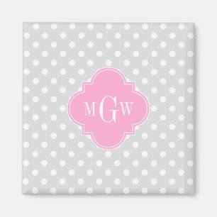Lt Grey Wht Polka Dots Pink Quatrefoil 3 Monogram Magnet