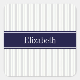 Lt Grey Wht Uneven Stripe Navy Blue Name Monogram Square Sticker