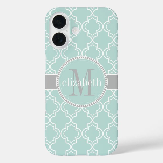 Lt Teal Grey White Moroccan Quatrefoil Monogram Case-Mate iPhone Case (Back)