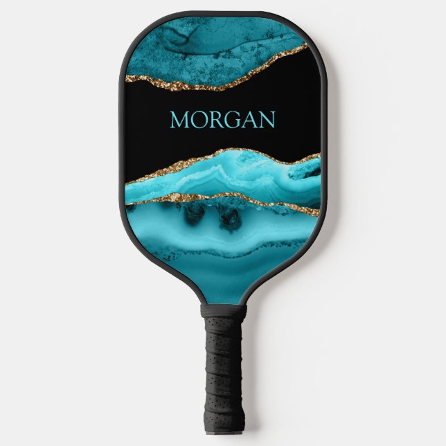 Lt Teal Name on Black, Gold & Teal Agate Pickleball Paddle (Front)