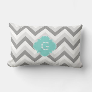 Lt Two Grey White Chevron Aqua Monogram Lumbar Cushion