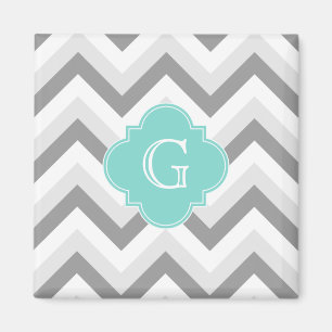 Lt Two Grey White Chevron Aqua Monogram Magnet