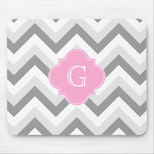 Lt Two Grey White Chevron Pink Quatrefoil Monogram Mouse Pad
