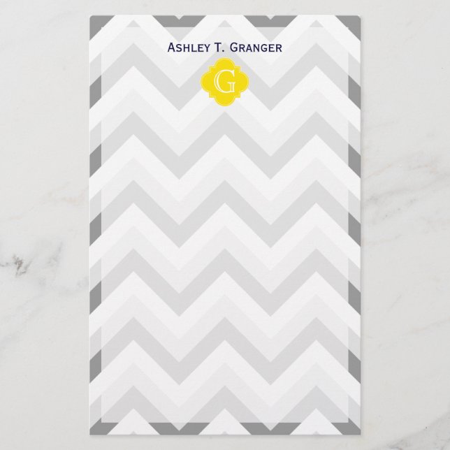 Lt Two Grey White Chevron Yellow Monogram Stationery (Front)