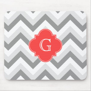 Lt Two Grey Wht Chevron SQ Coral Red Name Monogram Mouse Pad