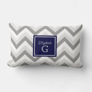 Lt Two Grey Wht Chevron SQ Navy Blue Name Monogram Lumbar Cushion
