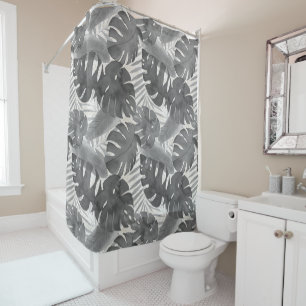 Luana Watercolor Tropical Grey Leaves Shower Curtain