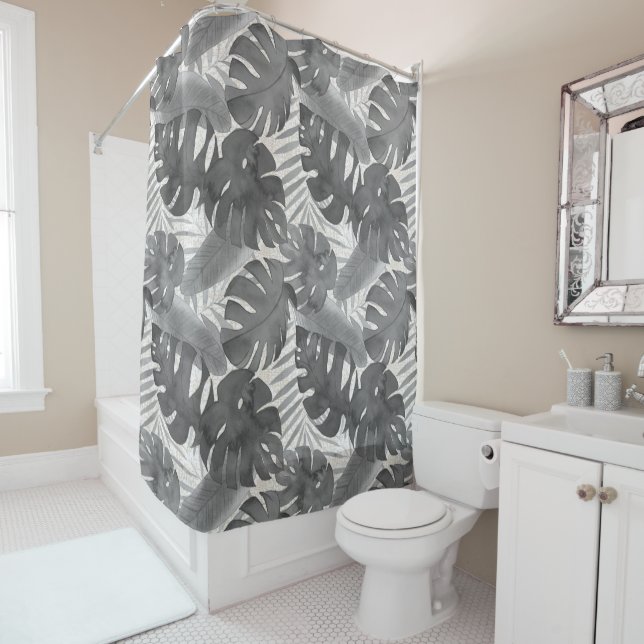 Luana Watercolor Tropical Grey Leaves Shower Curtain (In Situ)