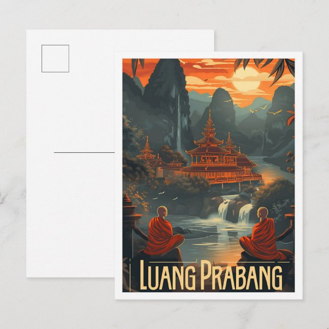 Luang Prabang Laos Vintage Art Travel Illustration Postcard (Front/Back)