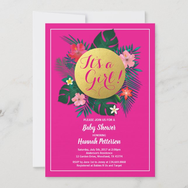Luau baby girl shower invitation hot pink flower (Front)