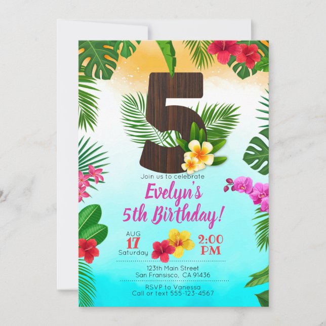 Luau Birthday, Invitation Luau Party 5th Birthday (Front)