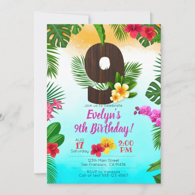 Luau Birthday, Invitation Luau Party 9th Birthday (Front)