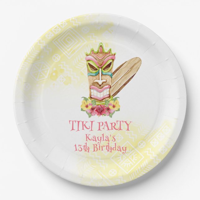 Luau Birthday Paper Plates with Tiki God & Flowers (Front)
