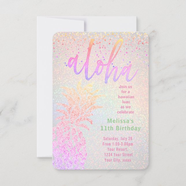 luau faux colourful glitter pineapple birthday invitation (Front)