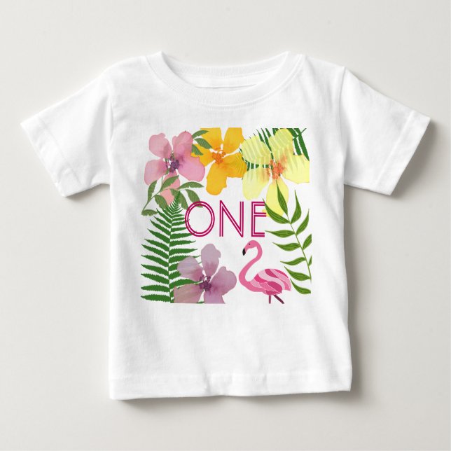Luau Flamingo 1st Birthday Girl Baby T-Shirt (Front)