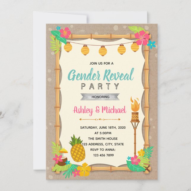 Luau gender reveal party invitation (Front)