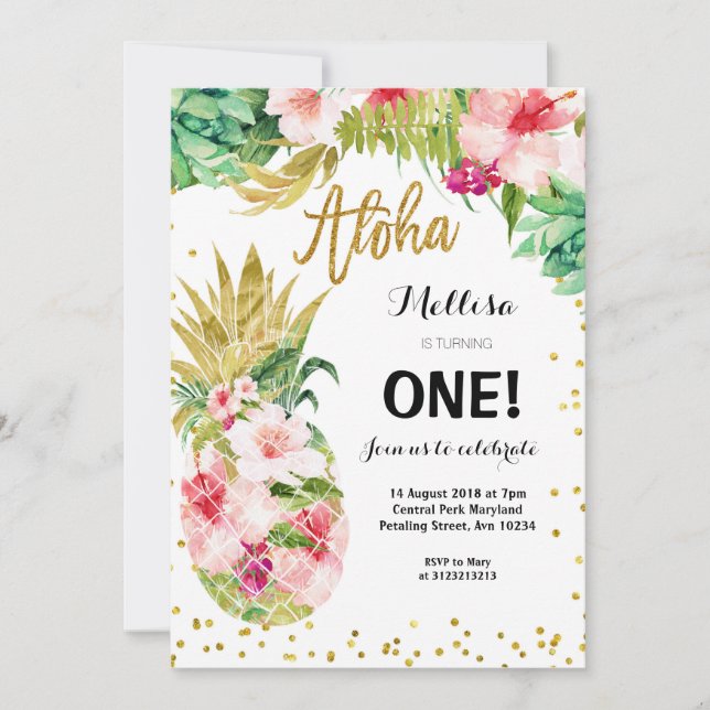 Luau Gold Pineapple First Birthday Invitation (Front)