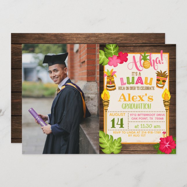 Luau Graduation Invitation with Photo - Boy (Front/Back)
