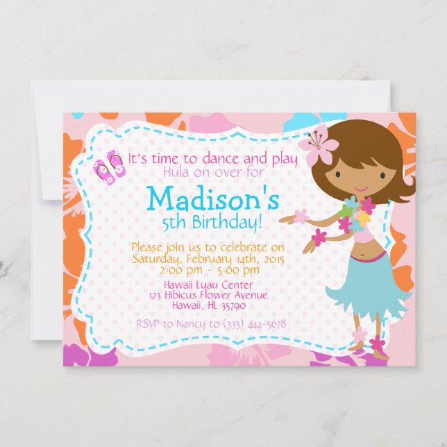 Luau Hawaii Girl birthday invitation (Front)