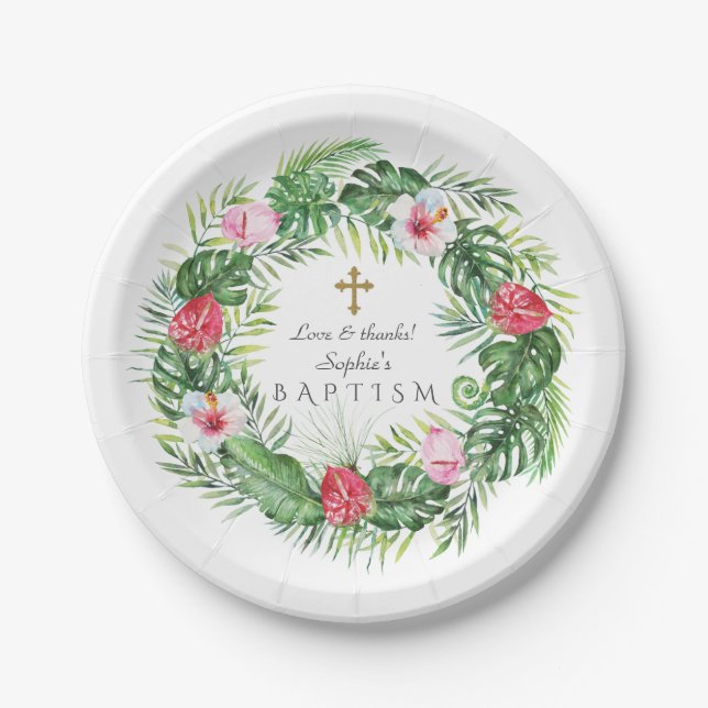 Luau Hawaiian Tropical Flowers Wreath Baptism Paper Plate (Front)