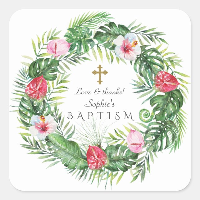 Luau Hawaiian Tropical Flowers Wreath Baptism Square Sticker (Front)