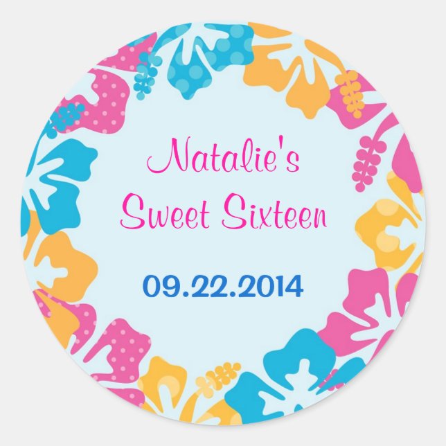 Luau Hibiscus Sweet Sixteen (16) Favour Sticker (Front)