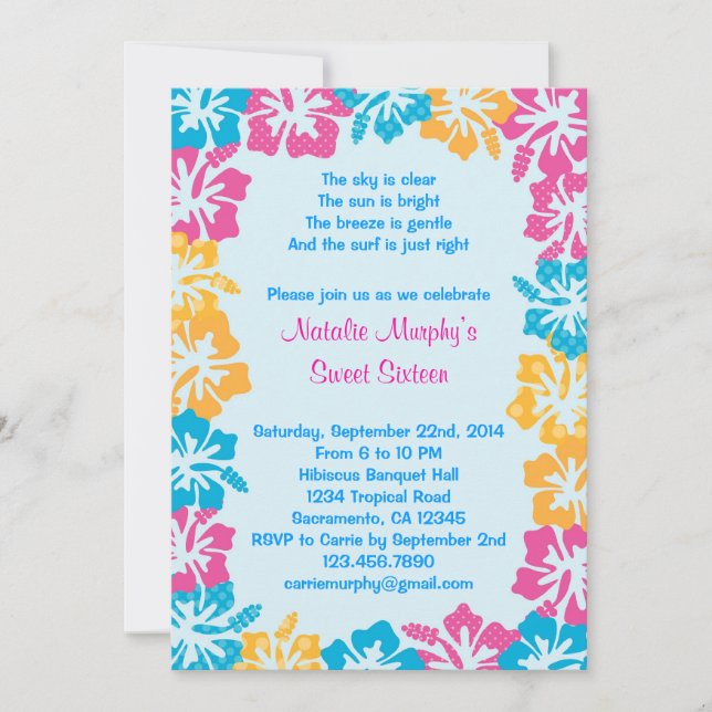 Luau Hibiscus Sweet Sixteen (16) Invitation (Front)