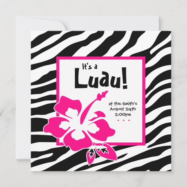 Luau Party Invitation Hibiscus Zebra Pink Black (Front)